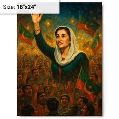 Benazir Bhutto in luminous campaign crowd metal print on a plain backdrop in size 18"x24".