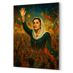 Benazir Bhutto in luminous campaign crowd metal print mockup