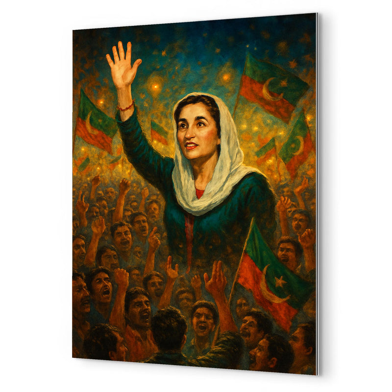 Benazir Bhutto in luminous campaign crowd metal print mockup