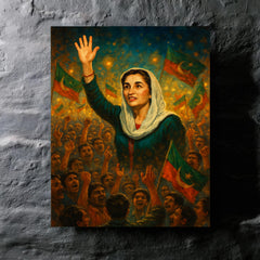 Benazir Bhutto in luminous campaign crowd metal print mockup