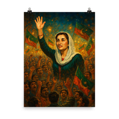 Benazir Bhutto in luminous campaign crowd poster on a plain backdrop in size 8"x10".
