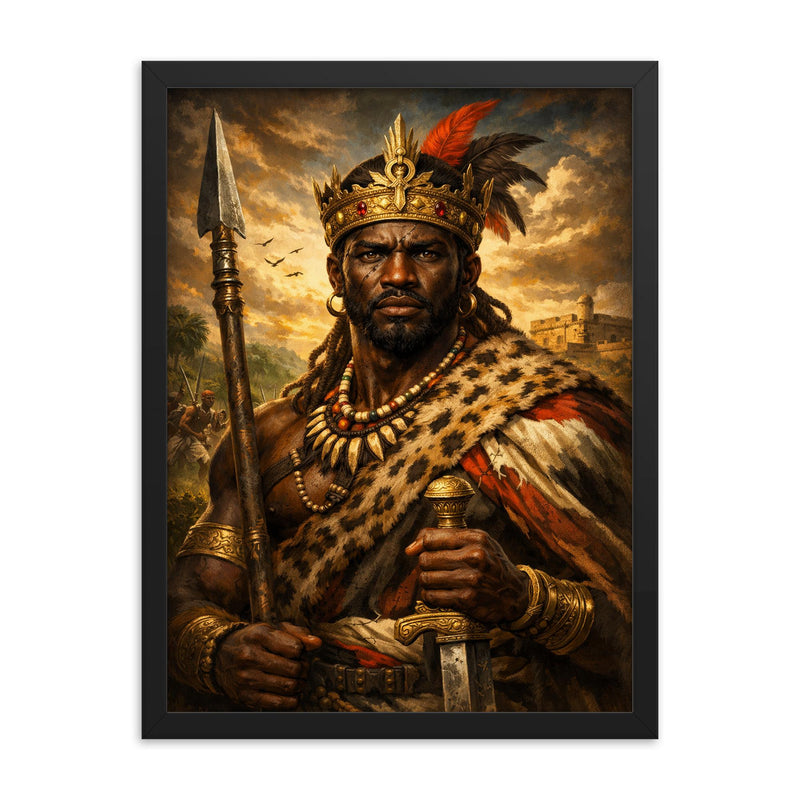 Benkos Bioho maroon king portrait framed print on a plain backdrop in size 18