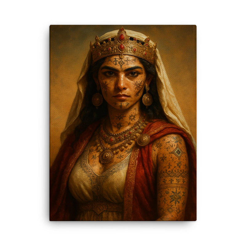 Berber queen Kahina with desert tattoos canvas print on a plain backdrop in size 18