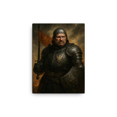 Bertrand du Guesclin in battered black armor canvas print on a plain backdrop in size 12"x16".