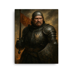 Bertrand du Guesclin in battered black armor canvas print on a plain backdrop in size 16"x20".