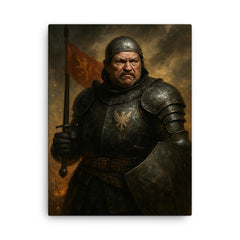 Bertrand du Guesclin in battered black armor canvas print on a plain backdrop in size 18"x24".