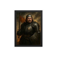 Bertrand du Guesclin in battered black armor framed print on a plain backdrop in size 12"x16".