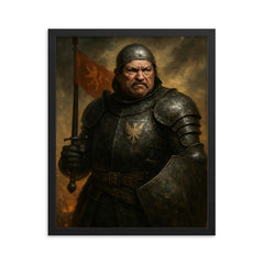 Bertrand du Guesclin in battered black armor framed print on a plain backdrop in size 16"x20".