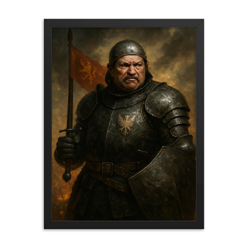 Bertrand du Guesclin in battered black armor framed print on a plain backdrop in size 18