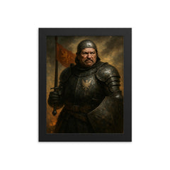 Bertrand du Guesclin in battered black armor framed print on a plain backdrop in size 8"x10".