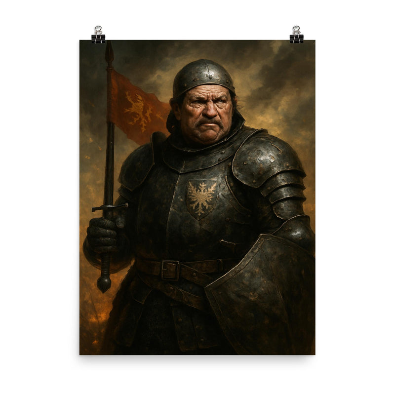 Bertrand du Guesclin in battered black armor poster on a plain backdrop in size 8