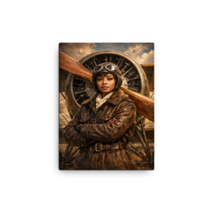 Bessie Coleman before biplane propeller canvas print on a plain backdrop in size 12"x16".