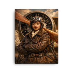 Bessie Coleman before biplane propeller canvas print on a plain backdrop in size 16"x20".