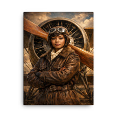 Bessie Coleman before biplane propeller canvas print on a plain backdrop in size 18"x24".