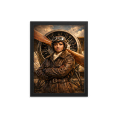 Bessie Coleman before biplane propeller framed print on a plain backdrop in size 12"x16".