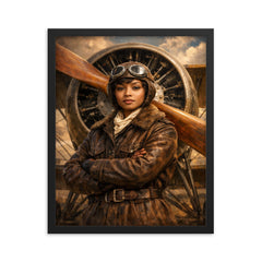 Bessie Coleman before biplane propeller framed print on a plain backdrop in size 16"x20".