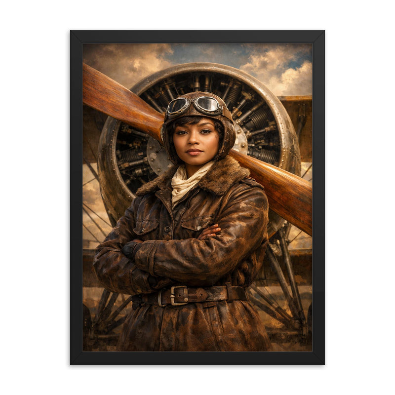 Bessie Coleman before biplane propeller framed print on a plain backdrop in size 18