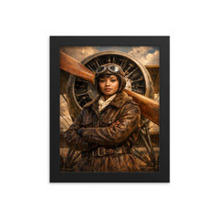 Bessie Coleman before biplane propeller framed print on a plain backdrop in size 8"x10".