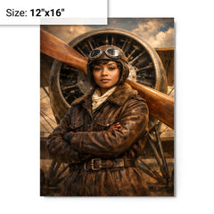 Bessie Coleman before biplane propeller metal print on a plain backdrop in size 12"x16".