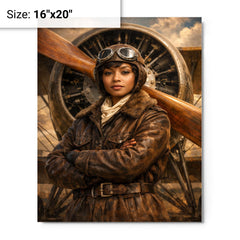 Bessie Coleman before biplane propeller metal print on a plain backdrop in size 16"x20".