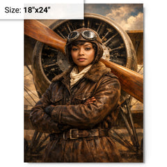 Bessie Coleman before biplane propeller metal print on a plain backdrop in size 18"x24".