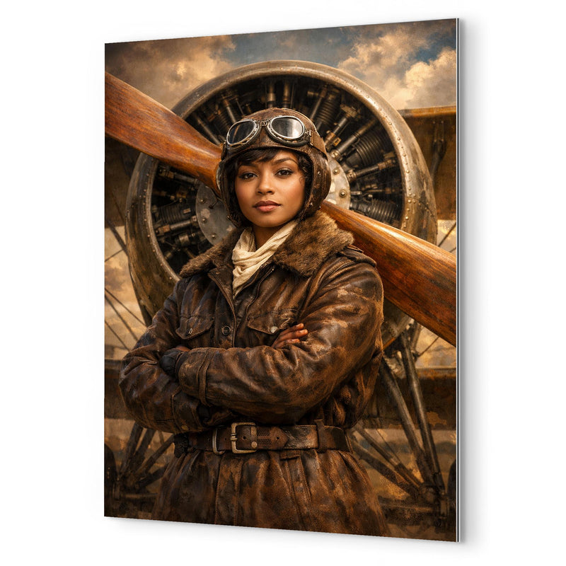 Bessie Coleman before biplane propeller metal print mockup