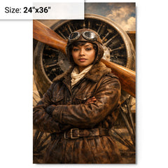 Bessie Coleman before biplane propeller metal print on a plain backdrop in size 24"x36".