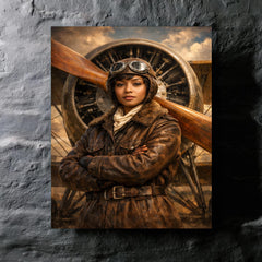 Bessie Coleman before biplane propeller metal print mockup