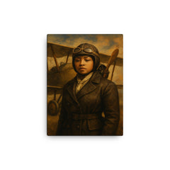 Bessie Coleman before her biplane canvas print on a plain backdrop in size 12"x16".
