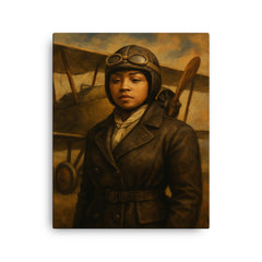 Bessie Coleman before her biplane canvas print on a plain backdrop in size 16"x20".
