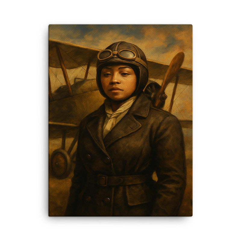 Bessie Coleman before her biplane canvas print on a plain backdrop in size 18