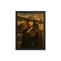 Bessie Coleman before her biplane framed print on a plain backdrop in size 12"x16".