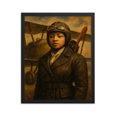 Bessie Coleman before her biplane framed print on a plain backdrop in size 16"x20".