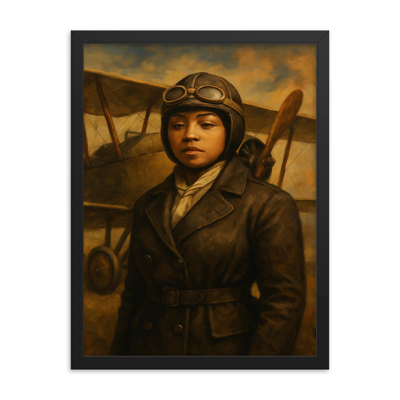 Bessie Coleman before her biplane framed print on a plain backdrop in size 18