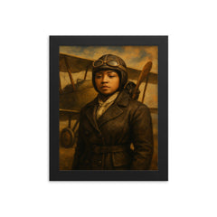 Bessie Coleman before her biplane framed print on a plain backdrop in size 8"x10".