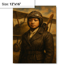 Bessie Coleman before her biplane metal print on a plain backdrop in size 12"x16".