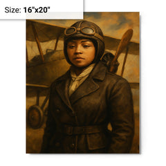 Bessie Coleman before her biplane metal print on a plain backdrop in size 16"x20".
