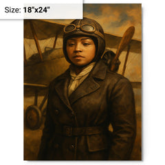 Bessie Coleman before her biplane metal print on a plain backdrop in size 18"x24".