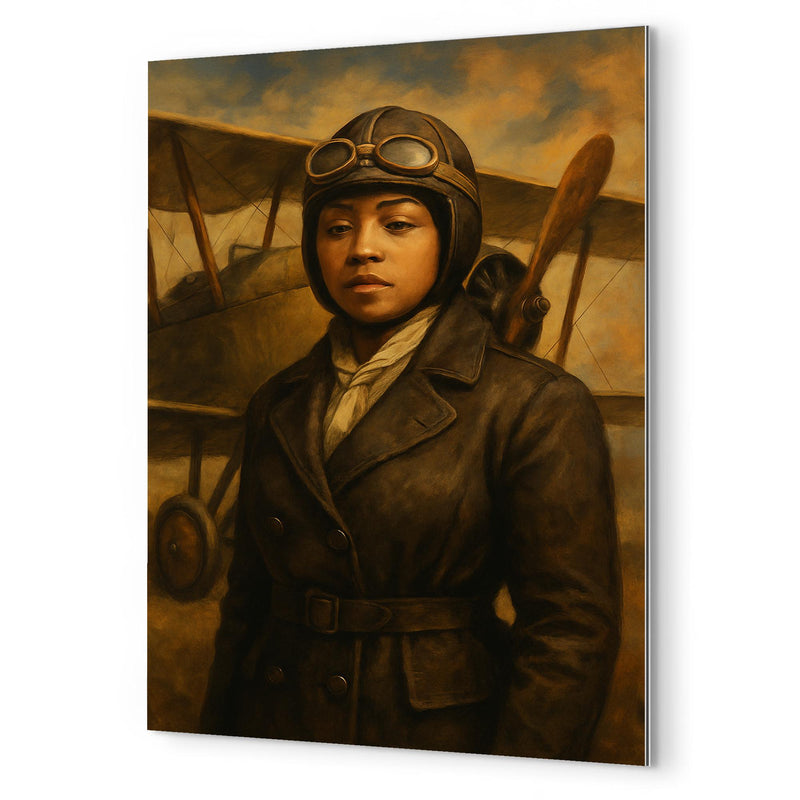 Bessie Coleman before her biplane metal print mockup