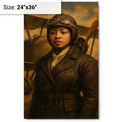 Bessie Coleman before her biplane metal print on a plain backdrop in size 24"x36".