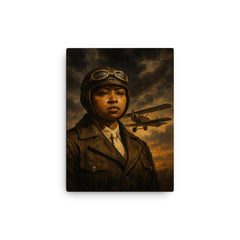 Bessie Coleman before storm clouds and biplane canvas print on a plain backdrop in size 12"x16".