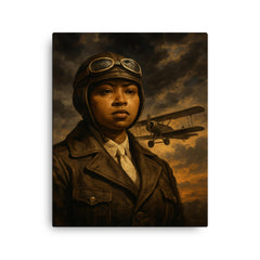 Bessie Coleman before storm clouds and biplane canvas print on a plain backdrop in size 16"x20".