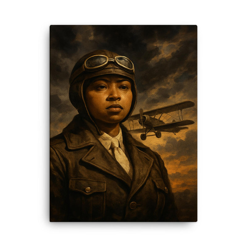Bessie Coleman before storm clouds and biplane canvas print on a plain backdrop in size 18