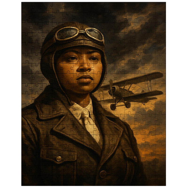 Bessie Coleman before storm clouds and biplane jigsaw puzzle