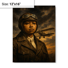 Bessie Coleman before storm clouds and biplane metal print on a plain backdrop in size 12"x16".