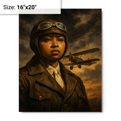 Bessie Coleman before storm clouds and biplane metal print on a plain backdrop in size 16"x20".