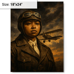 Bessie Coleman before storm clouds and biplane metal print on a plain backdrop in size 18"x24".