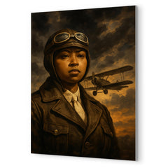 Bessie Coleman before storm clouds and biplane metal print mockup
