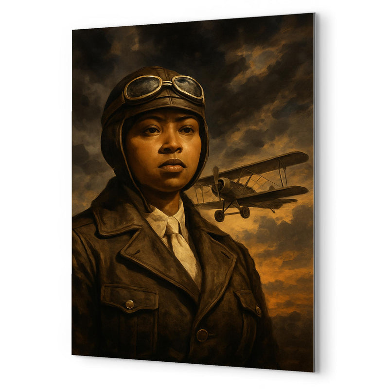 Bessie Coleman before storm clouds and biplane metal print mockup