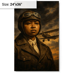 Bessie Coleman before storm clouds and biplane metal print on a plain backdrop in size 24"x36".